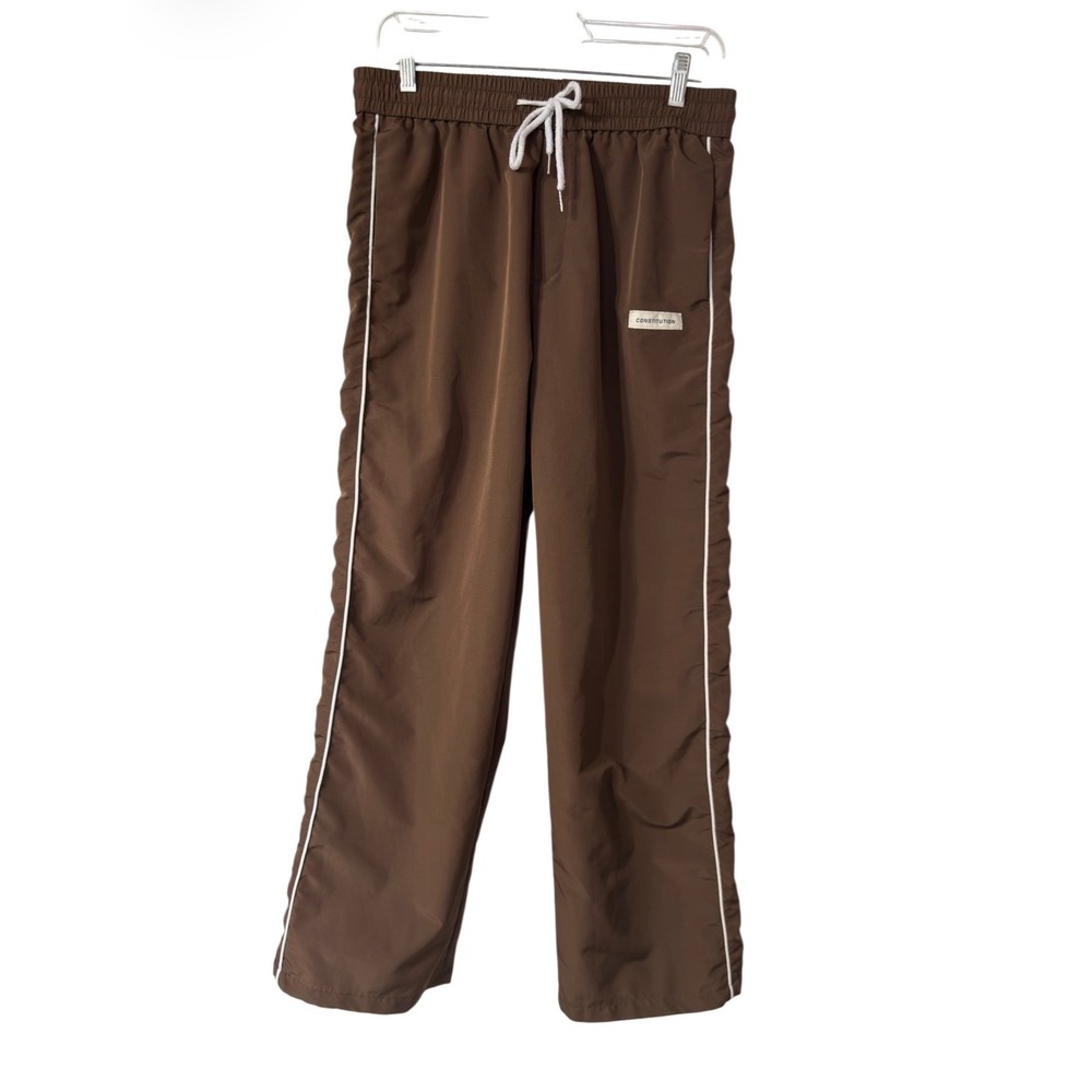 Constitution Brown Wide Leg Track Pants White Piping Drawstring Streetwear M